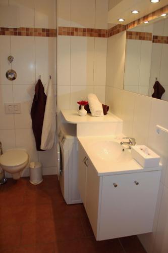 a bathroom with a sink and a toilet and a mirror at Windrose 7 in Großenbrode
