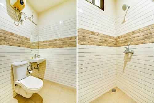 two pictures of a bathroom with a toilet and a sink at FabHotel Solitaire Inn in Kānpur