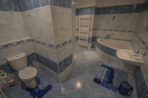 a bathroom with a toilet and a sink and a tub at Hotel Sport in Štětí