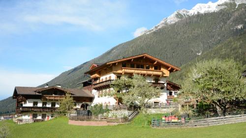 a large building in front of a mountain at Fleckhof in Neustift im Stubaital
