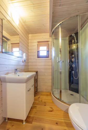 a bathroom with a shower and a sink and a tub at Osada nad Dziwną domki nad morzem in Dziwnów