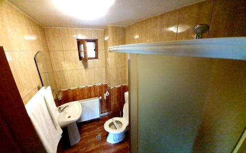 een badkamer met een toilet, een wastafel en een urinoir bij La Salcii in Călăraşi