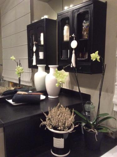 a black counter with vases and plants on it at Villa La Maggiorana in Rivoli