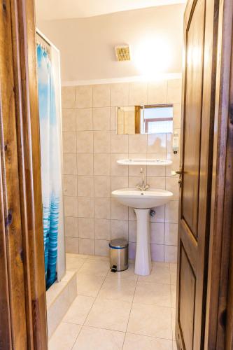 a bathroom with a sink and a toilet and a mirror at Ośrodek Wypoczynkowy Tarnica in Solina
