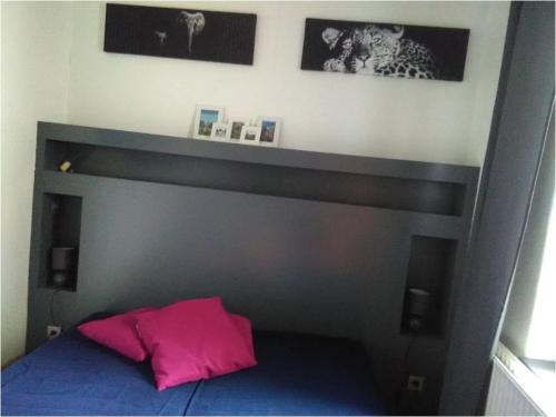 a bed with a pink pillow and pictures on the wall at Chez Caro in Epinois