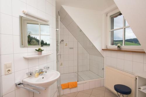 a white bathroom with a shower and a sink at Riehle Hof in Zell am Harmersbach