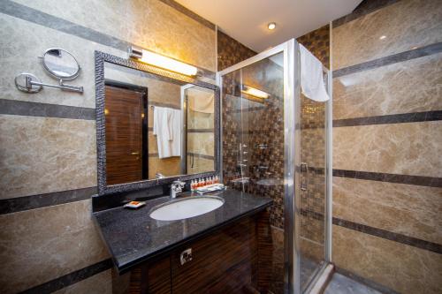 a bathroom with a sink and a shower at Sapphire Hotel in Baku