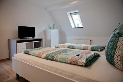 a bedroom with two beds and a tv on a table at Haus Weinbergblick in Haigerloch