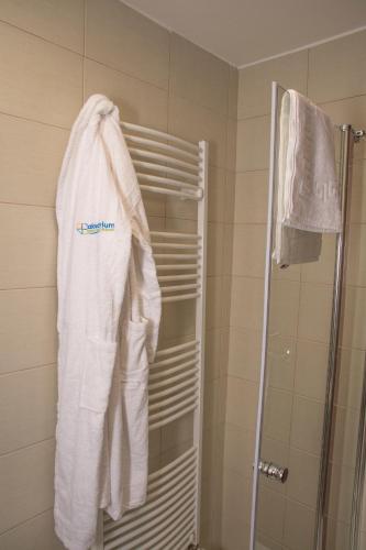 a towel hanging on a towel rack in a bathroom at Akvárium Apartmanházak in Keszthely