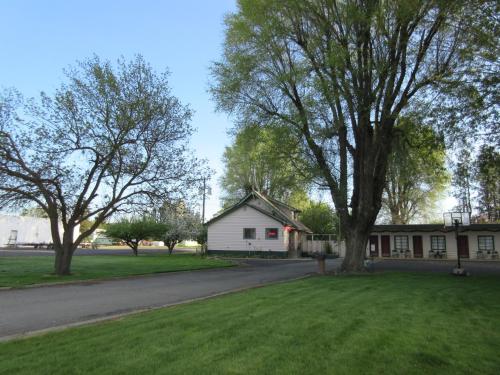 um quintal com uma casa e árvores e uma estrada em The Willows Motel em Wilbur