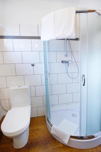 a bathroom with a toilet and a shower at Hotel Restaurant zur Linde in Pattensen