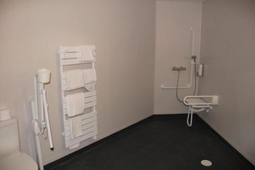 a bathroom with a toilet and a towel dispenser at Logis Hôtel de France restaurant le Lucullus in Montmorillon