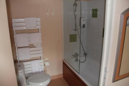 a bathroom with a toilet and a shower with towels at Logis Hôtel de France restaurant le Lucullus in Montmorillon