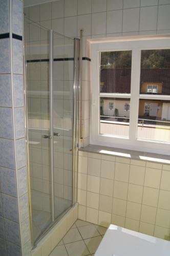 a glass shower in a bathroom with a window at Lillie 3-4 Personen - Ferienwohnungen Wagner & Gaul Falkenauel in Falkenauel
