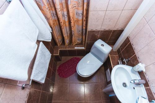 a bathroom with a toilet and a shower curtain at Отель Шоколад in Barnaul