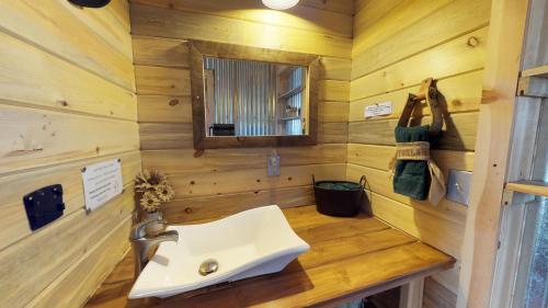 a bathroom with a sink and a mirror at Western Town Retreat in Monticello