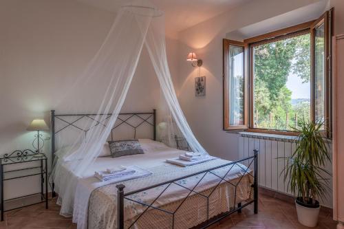 um quarto com uma cama de dossel e uma janela em Le Tartarughe rooms em Magliano in Toscana