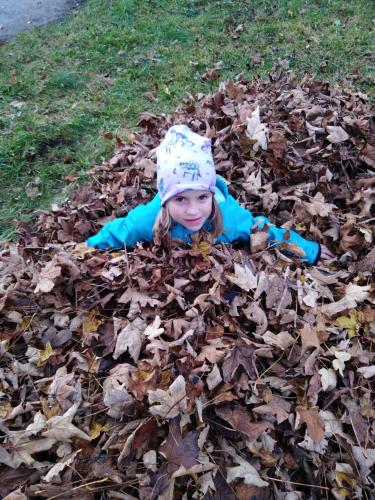 a little girl laying in a pile of leaves at Da Bräuhauser in Stadl an der Mur