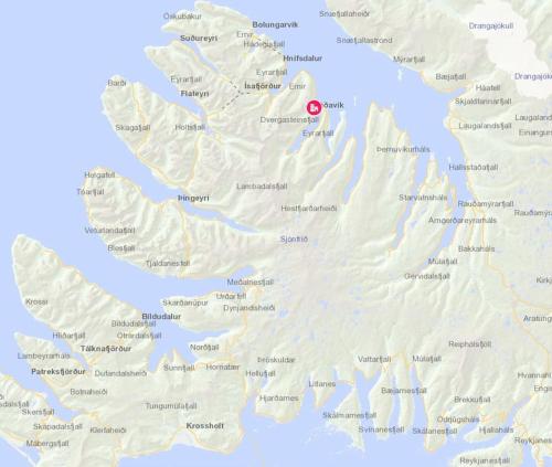 a map of ireland with a red dot at Súðavík apartment in Súðavík
