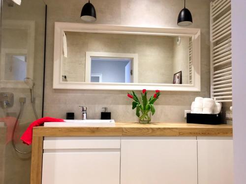 W łazience znajduje się umywalka i lustro. w obiekcie APARTAMENT LIPSKA 4 w Krakowie