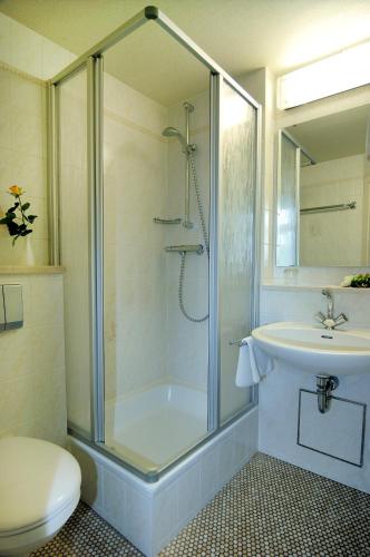 a bathroom with a shower and a toilet and a sink at Hotel Stadt Löbau in Löbau