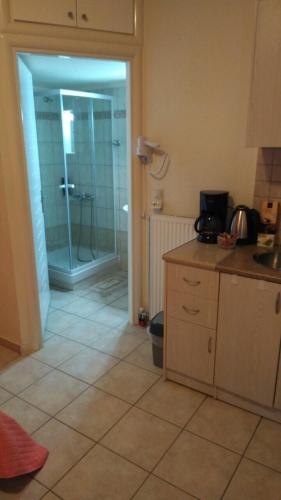 a kitchen with a shower and a tiled floor at Filoxenia in Choudetsi