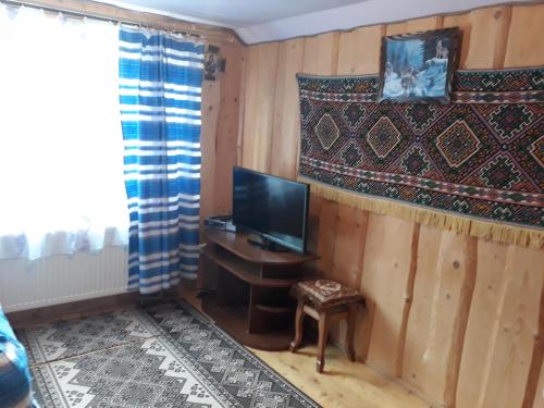 ein Wohnzimmer mit einem TV und einem Tisch mit einem Tisch in der Unterkunft Gostynnyi Dvir u Marichky in Laseschtschyna