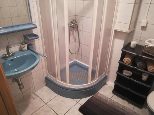 baño pequeño con ducha y lavamanos en Apartman Lidija en Livno