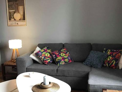 a living room with a gray couch with colorful pillows at Le Compostelle Chic, Charme, Confort, Cocooning 80 m² in Saint-Léonard-de-Noblat