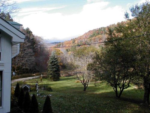 a view of a yard with trees and a mountain at Mountain Valley Retreat in Killington