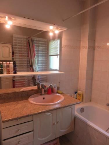 une salle de bain avec un lavabo et une baignoire dans l'établissement Villa 3 room AC garden pool parking 2 min beach by car, à Cannes