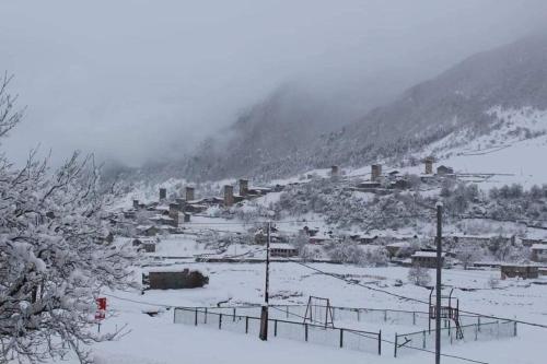 a village in the snow on a mountain at Apartment Jorjo Mestia in Mestia