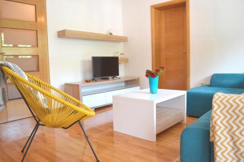 ein Wohnzimmer mit einem Sofa, einem TV und einem Stuhl in der Unterkunft Apartment Merak in Mostar