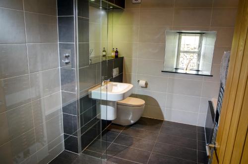 柯比朗斯代爾的住宿－Contemporary Barn Conversion in Stunning Setting，一间带水槽、卫生间和镜子的浴室