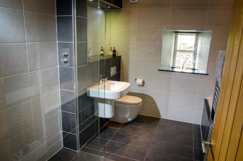 a bathroom with a sink and a toilet and a mirror at Contemporary Barn Conversion in Stunning Setting in Kirkby Lonsdale