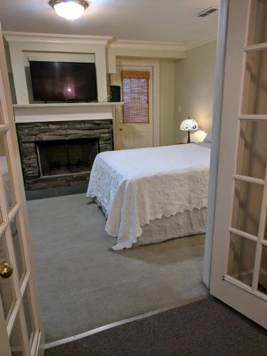 a bedroom with a bed with a fireplace and a tv at Niagara Mansion Carriage Suite in Lewiston