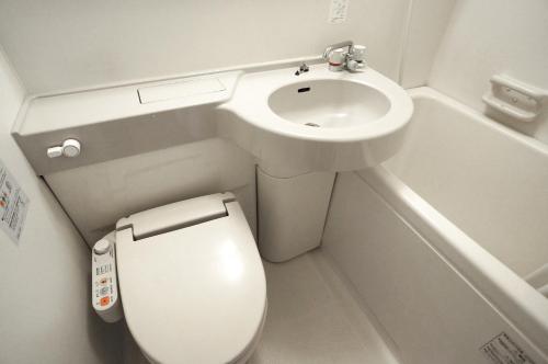 a small bathroom with a toilet and a sink at Green Rich Hotel Kagoshima Tenmonkan in Kagoshima