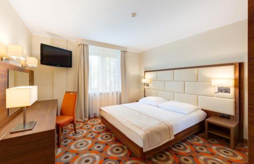 Habitación de hotel con cama y TV en Hotel Boss en Varsovia