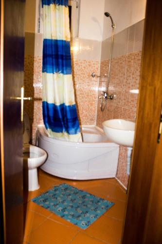 a bathroom with a tub and a toilet and a shower at vila strugurelu hostel in Predeal