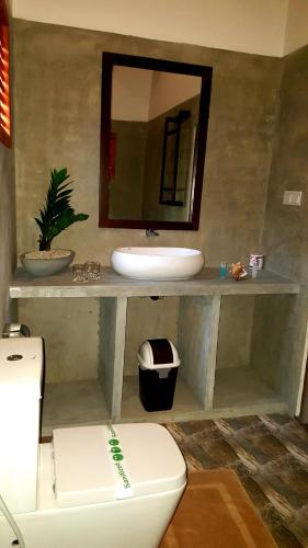 a bathroom with a sink and a toilet and a mirror at Cocolagoon eco Resort Nilaveli in Trincomalee