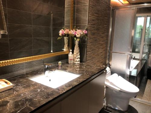 ein Badezimmer mit Waschbecken und Toilette in der Unterkunft Liu Yuan Green Villa in Taitung