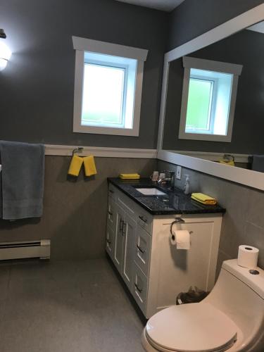 a bathroom with a toilet and a sink and two windows at Lake and Bridge View Vacation Home in West Kelowna
