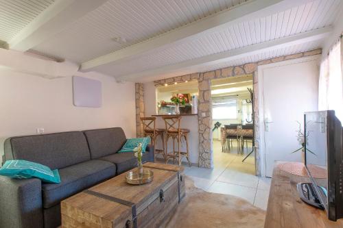 un salon avec un canapé et une table dans l'établissement ANNECY Sainte Claire vieille ville 38m2 Terrasse proche gare et lac 4 pers 3 étoiles, à Annecy