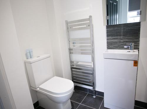 a small bathroom with a toilet and a sink at Queens Quarter Apartments in Belfast