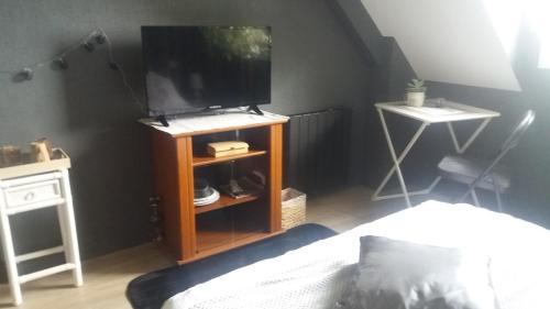 Schlafzimmer mit einem Bett und einem Schrank mit einem TV in der Unterkunft Jo Masson in Saint-Aubin-dʼAubigné