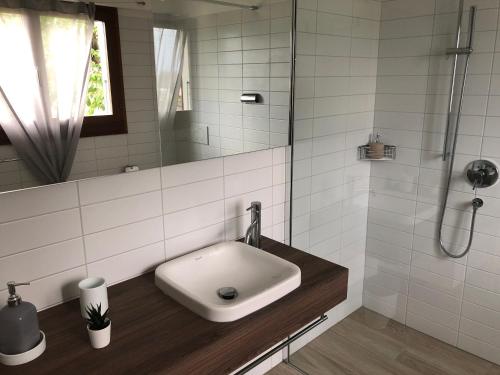 ein weißes Bad mit einem Waschbecken und einer Dusche in der Unterkunft Al Grottino in Gambarogno