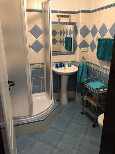 een badkamer met een douche en een wastafel bij Penzion RETRO in Petrovice