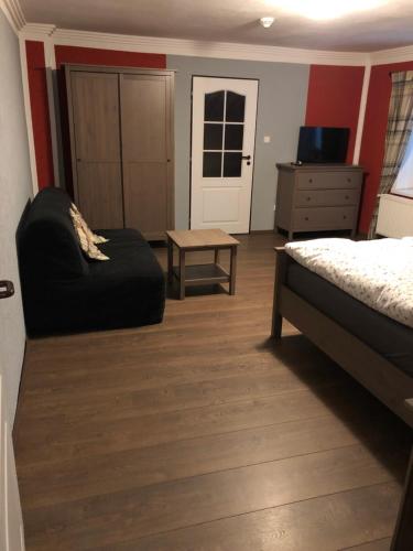 a bedroom with a bed and a couch and a table at Penzion RETRO in Petrovice