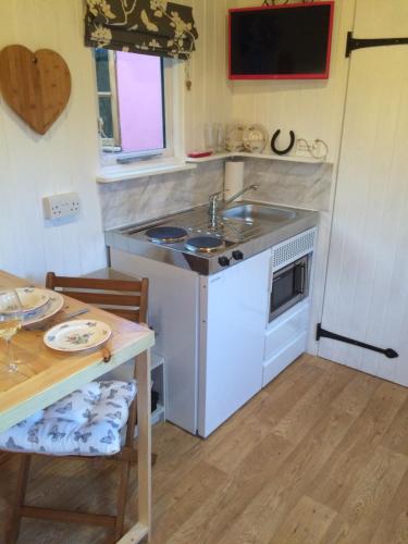 a kitchen with a sink and a table at The Hideaway at Duffryn Mawr Self Catering Cottages in Cowbridge
