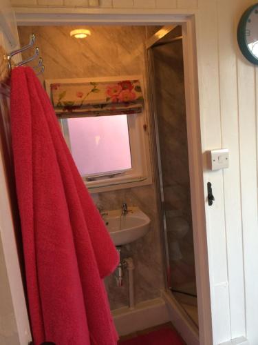 a bathroom with red towels and a sink at The Hideaway at Duffryn Mawr Self Catering Cottages in Cowbridge